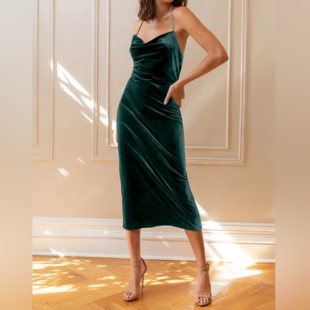 Jenny Woo Velvet Midi Slip Dress Emerald - Anthropologie Wedding BHLDN